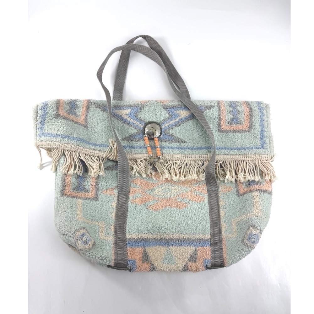 Southwestern Geometric Carpet Tote Bag Fringe Beaded Concho Seafoam Peach Large